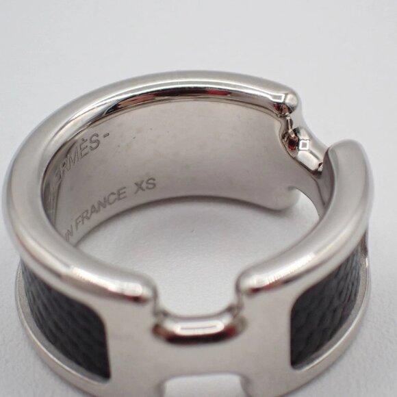 HERMES Olympe Ring XS Palladium Plated Calf Skin Leather Black Silver - Picture 9 of 10